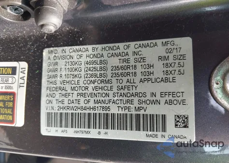 2017 Honda Cr-V Ex-L/Ex-L Navi из США, поврежденный, VIN 2HKRW2H84HH617895